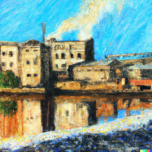 AI-generated painting of Snooze Foundry's factory