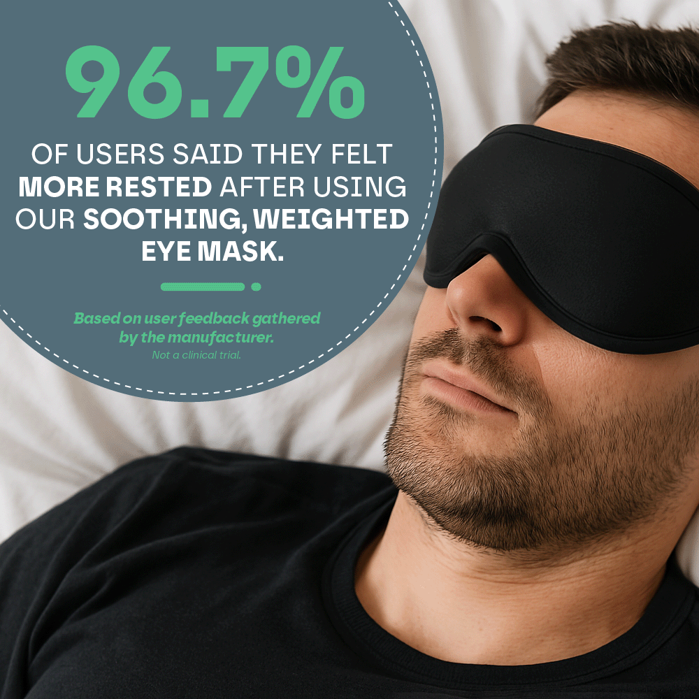 Man wearing a black sleep mask with text about user feedback on a soothing, weighted eye mask.