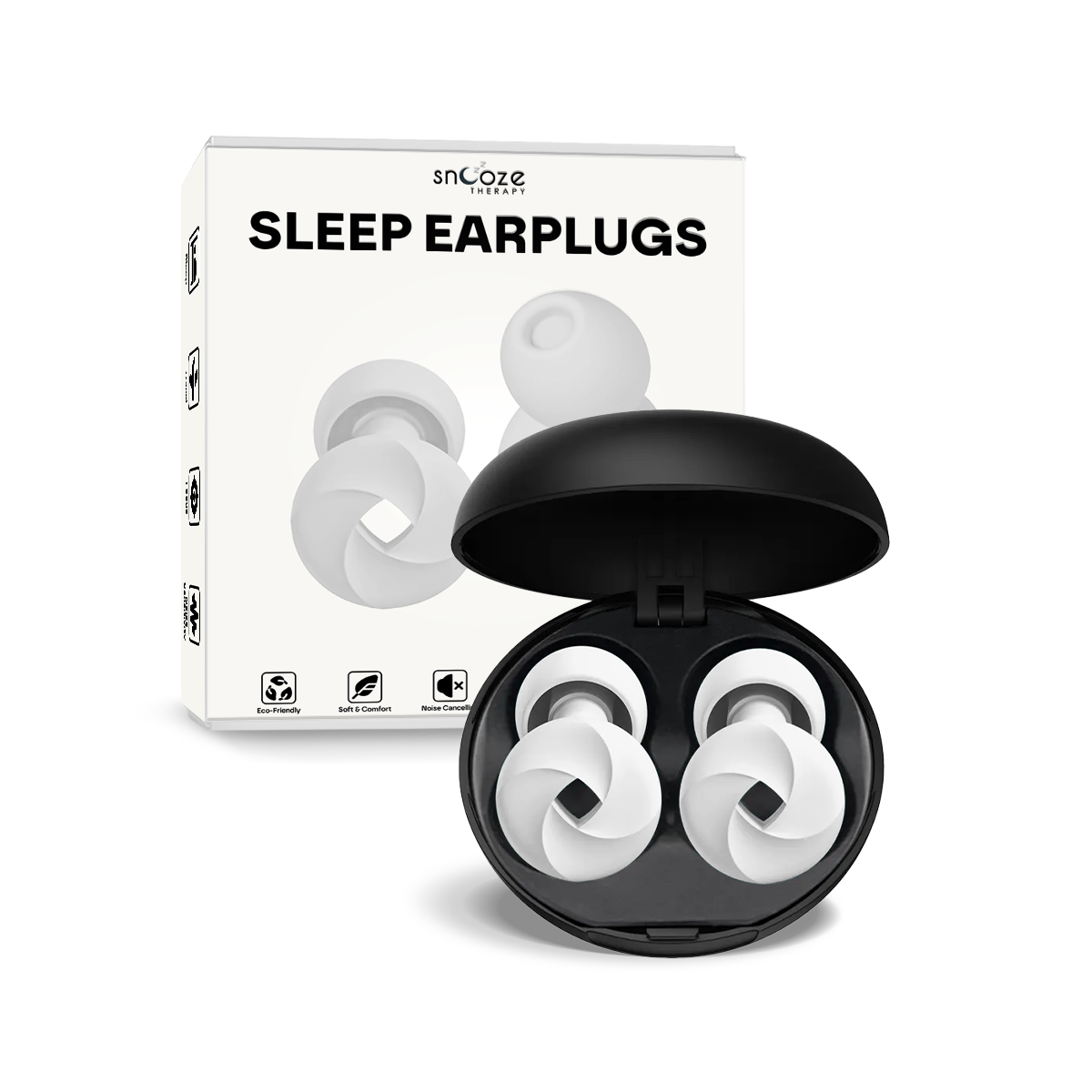 Sleep earplugs in a black case with packaging displaying 'snOoze Sleep Earplugs' on a white background.