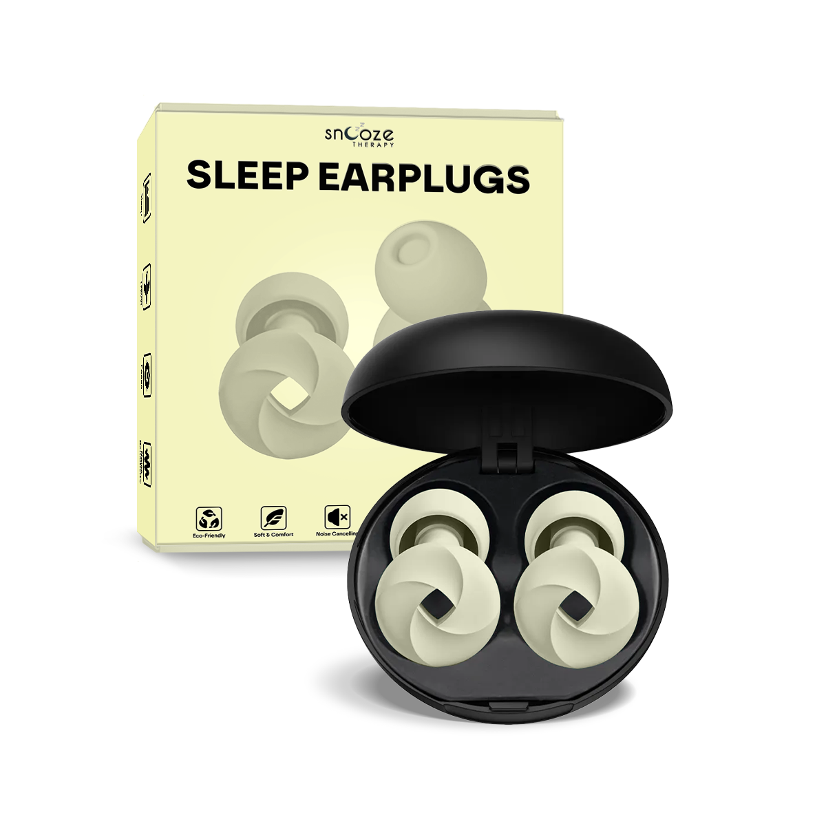 Sleep earplugs in a black case with packaging labeled 'snOoze Sleep Earplugs' on a white background.