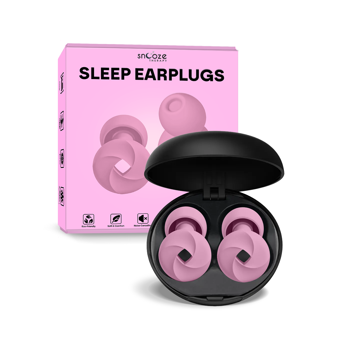Pink sleep earplugs in a black case with Snooze Therapy packaging on a white background