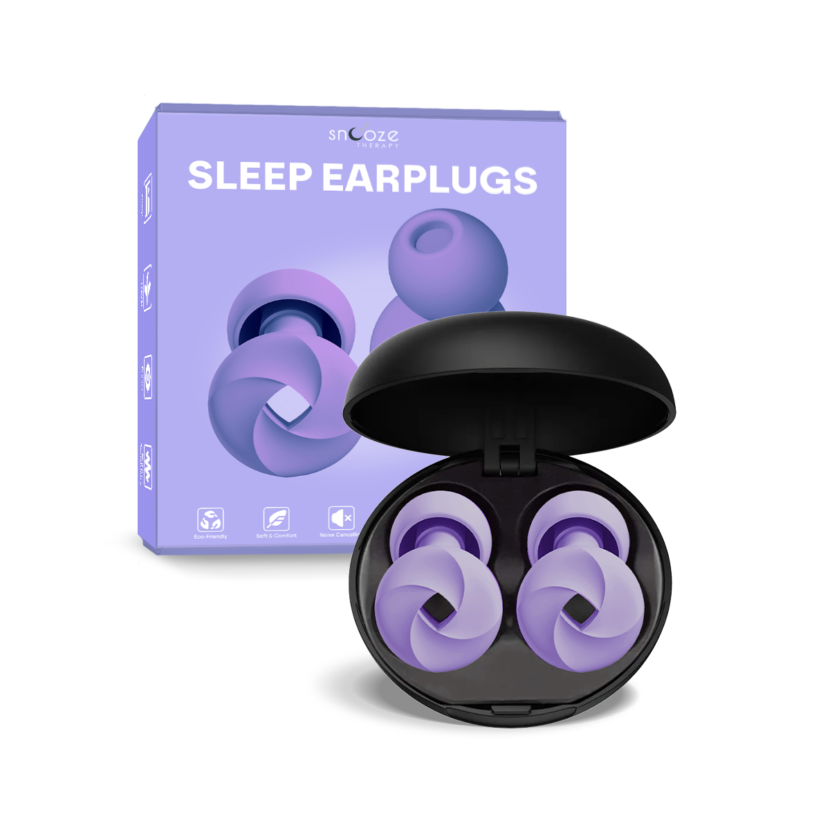 Purple sleep earplugs in a black case with Snooze packaging in the background