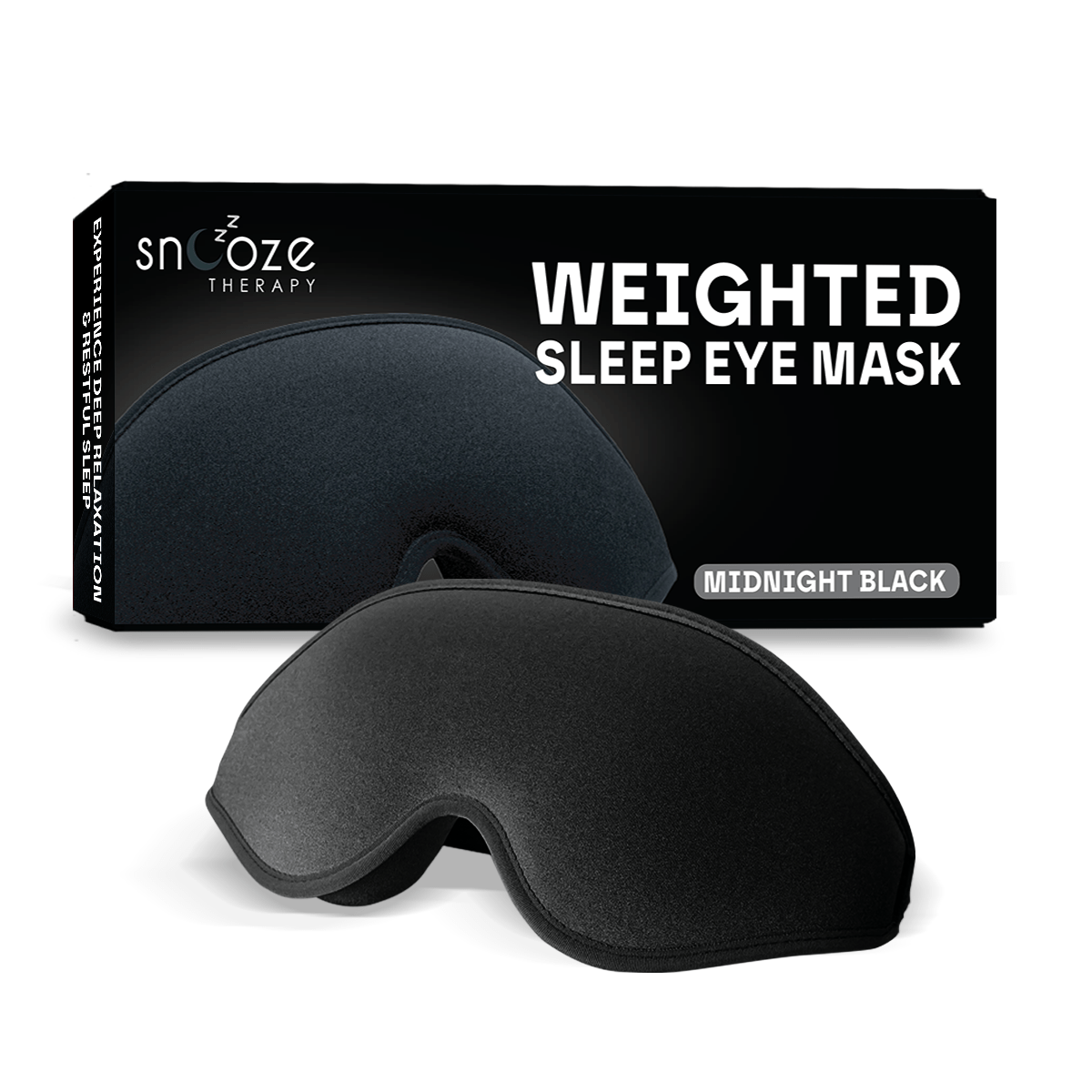 Black weighted sleep eye mask with Snooze Therapy packaging on a white background