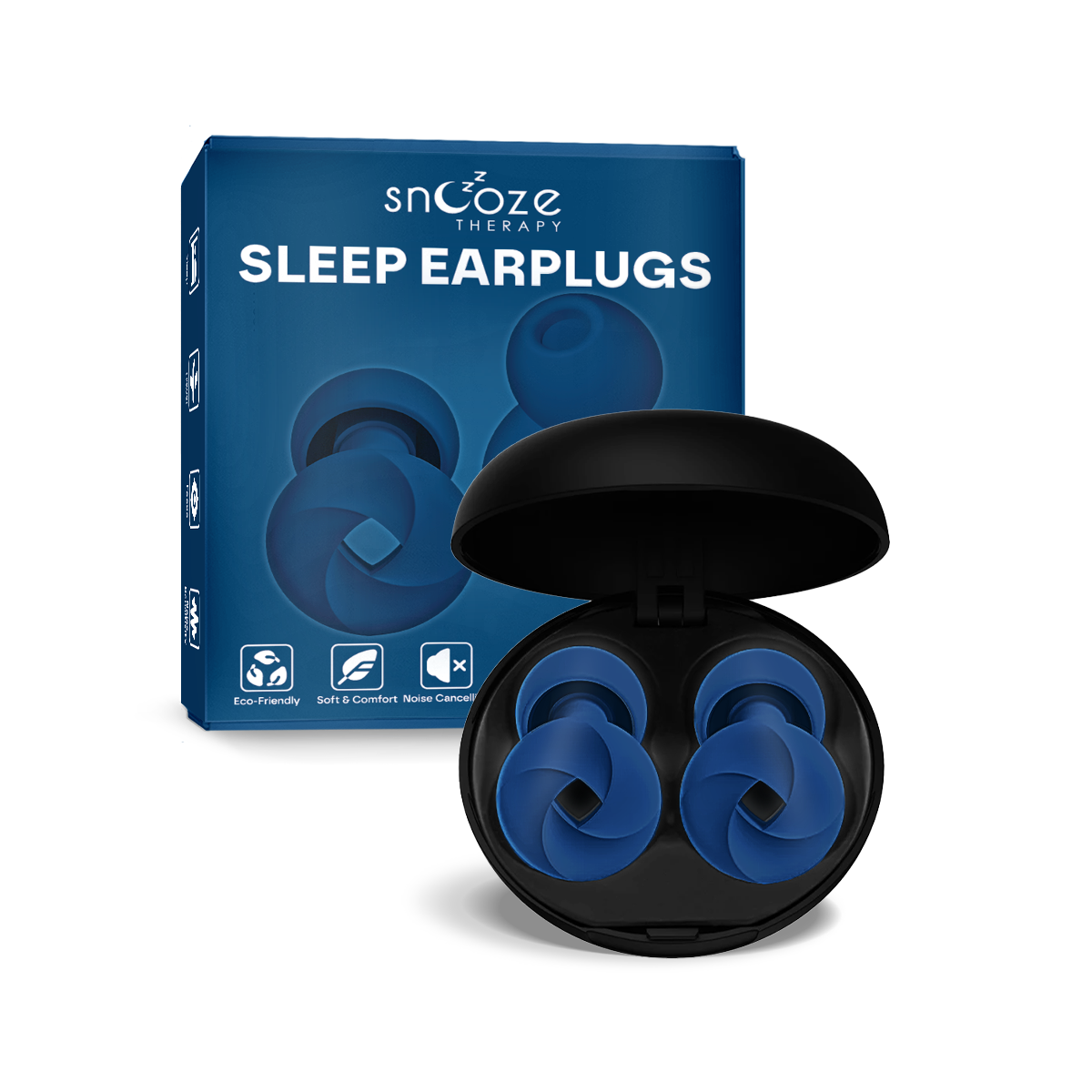 Sleep earplugs with packaging and case on a white background