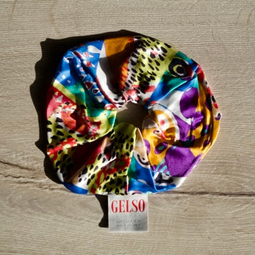 Large Silk Hair Scrunchie - Harlequin Print on wooden background