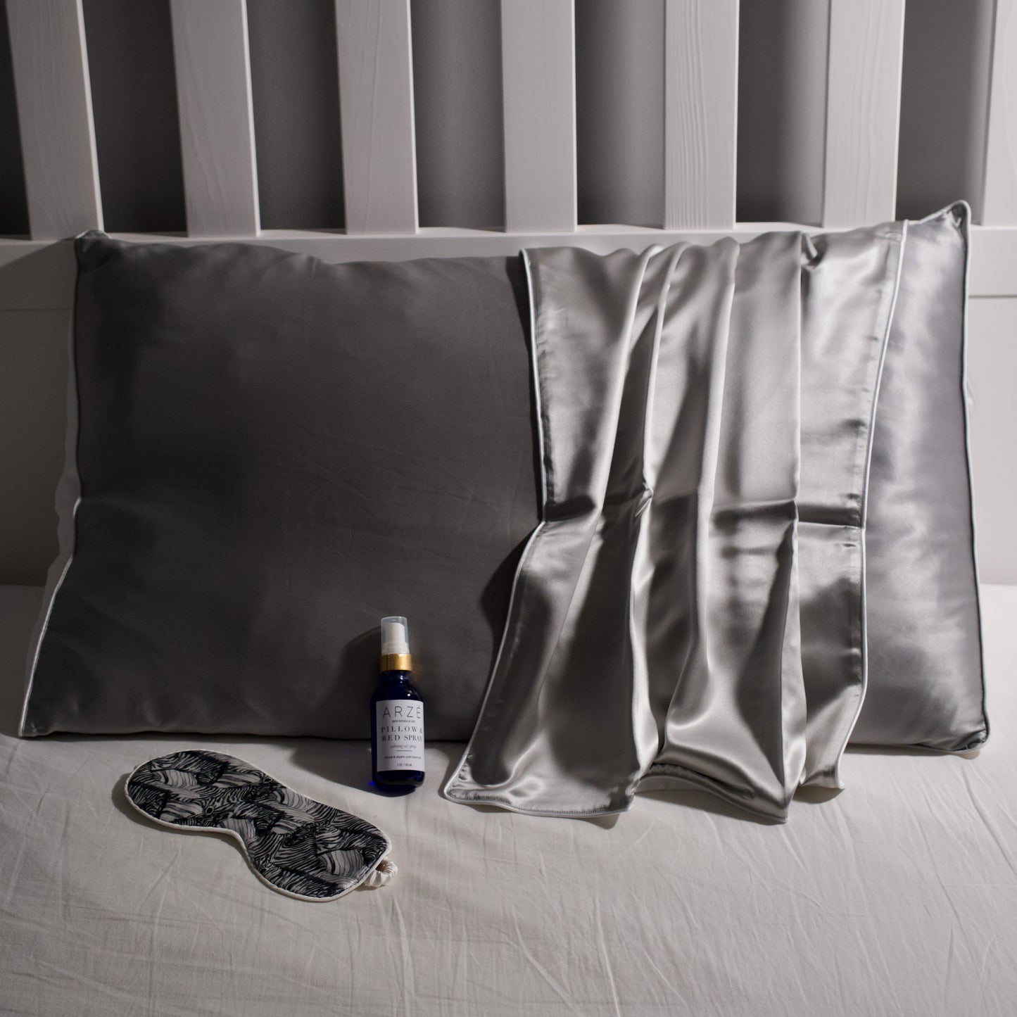 Grey Mulberry Silk Pillowcase with pillow spray and zebra eye mask