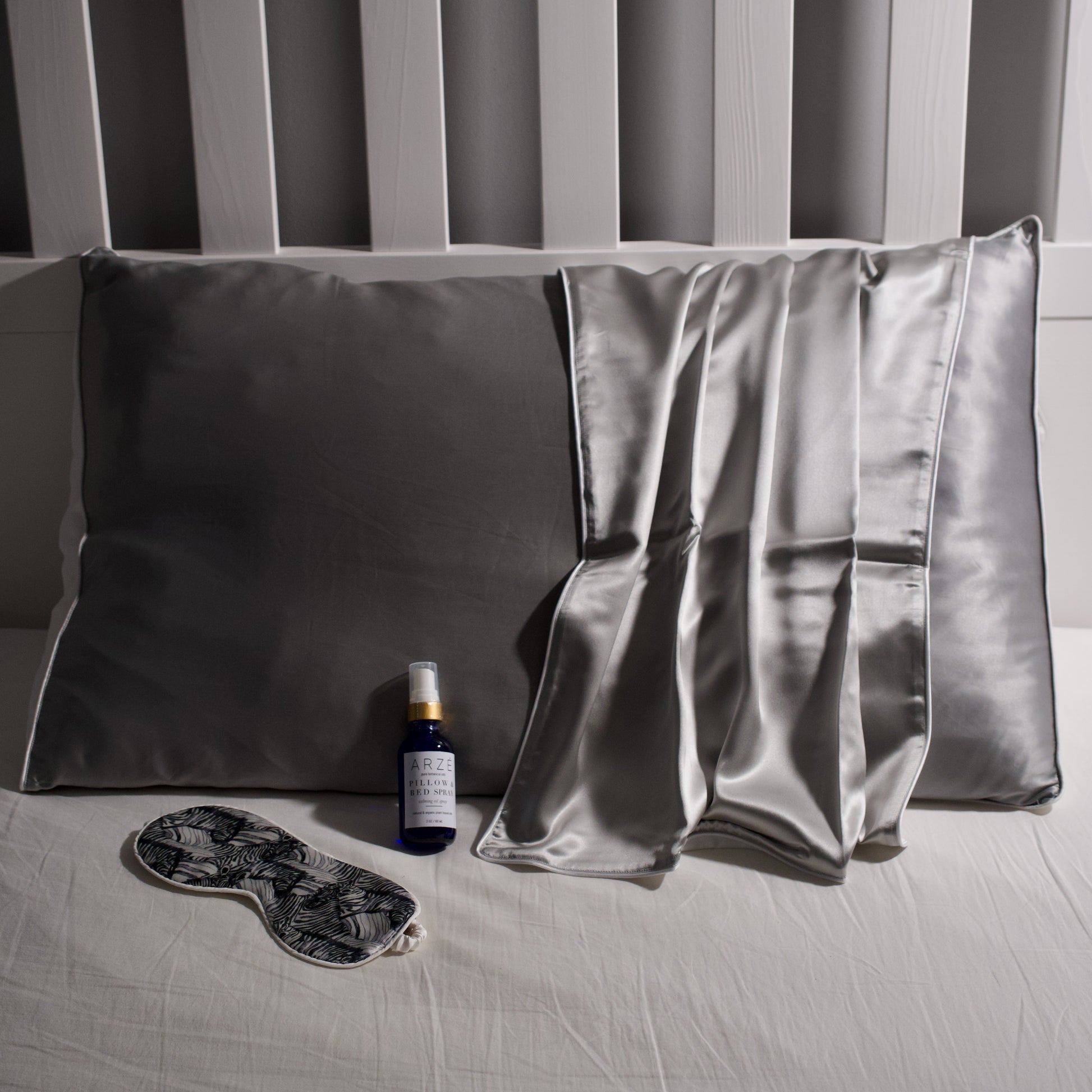 Grey Mulberry Silk Pillowcase with pillow spray and zebra eye mask