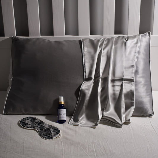 Grey Mulberry Silk Pillowcase with pillow spray and zebra eye mask