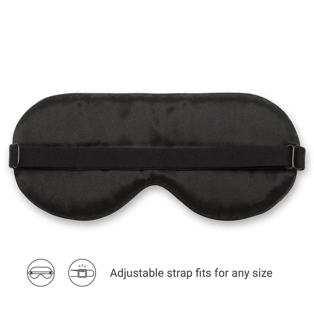 Reverse of a black silk sleep eye mask with an adjustable strap