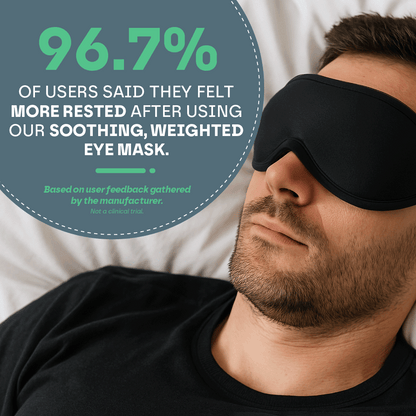 Man wearing a black sleep mask with text about user feedback on a soothing, weighted eye mask.