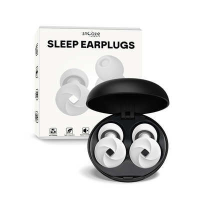 Sleep earplugs in a black case with packaging displaying 'snOoze Sleep Earplugs' on a white background.