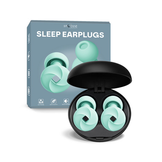 Sleep earplugs in a black case with packaging labeled 'Snooze Sleep Earplugs' on a white background.