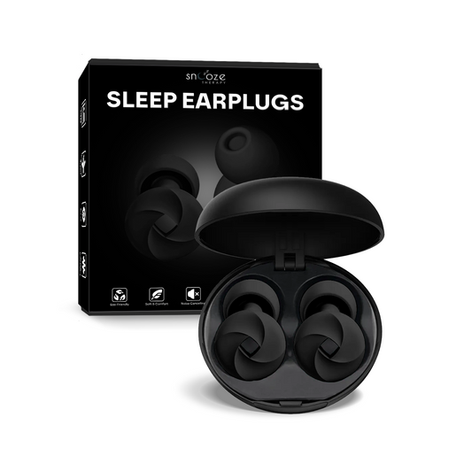 Black sleep earplugs with packaging on a white background
