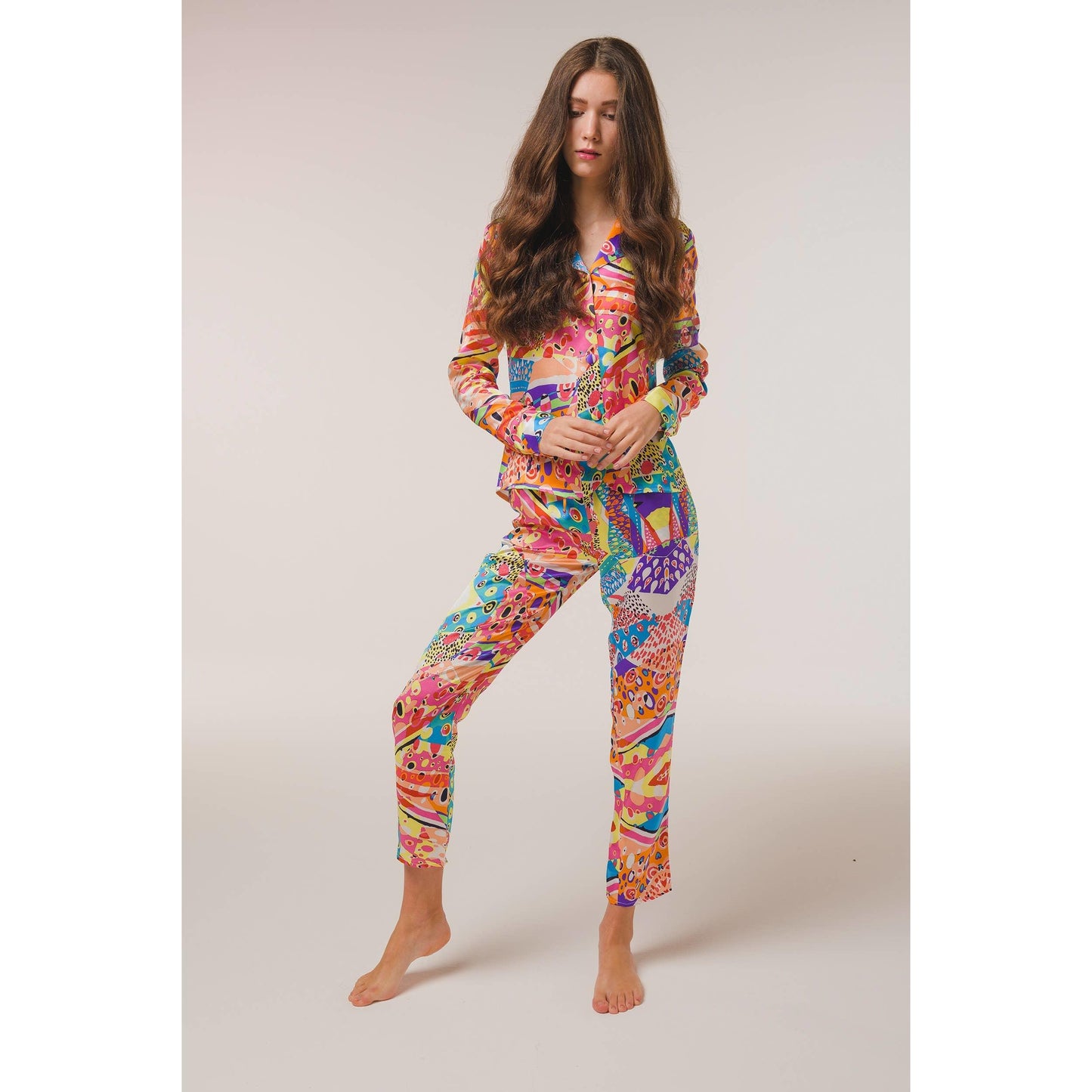 100% Silk Pyjama Set For Women with harlequin print worn by a model with brown hair