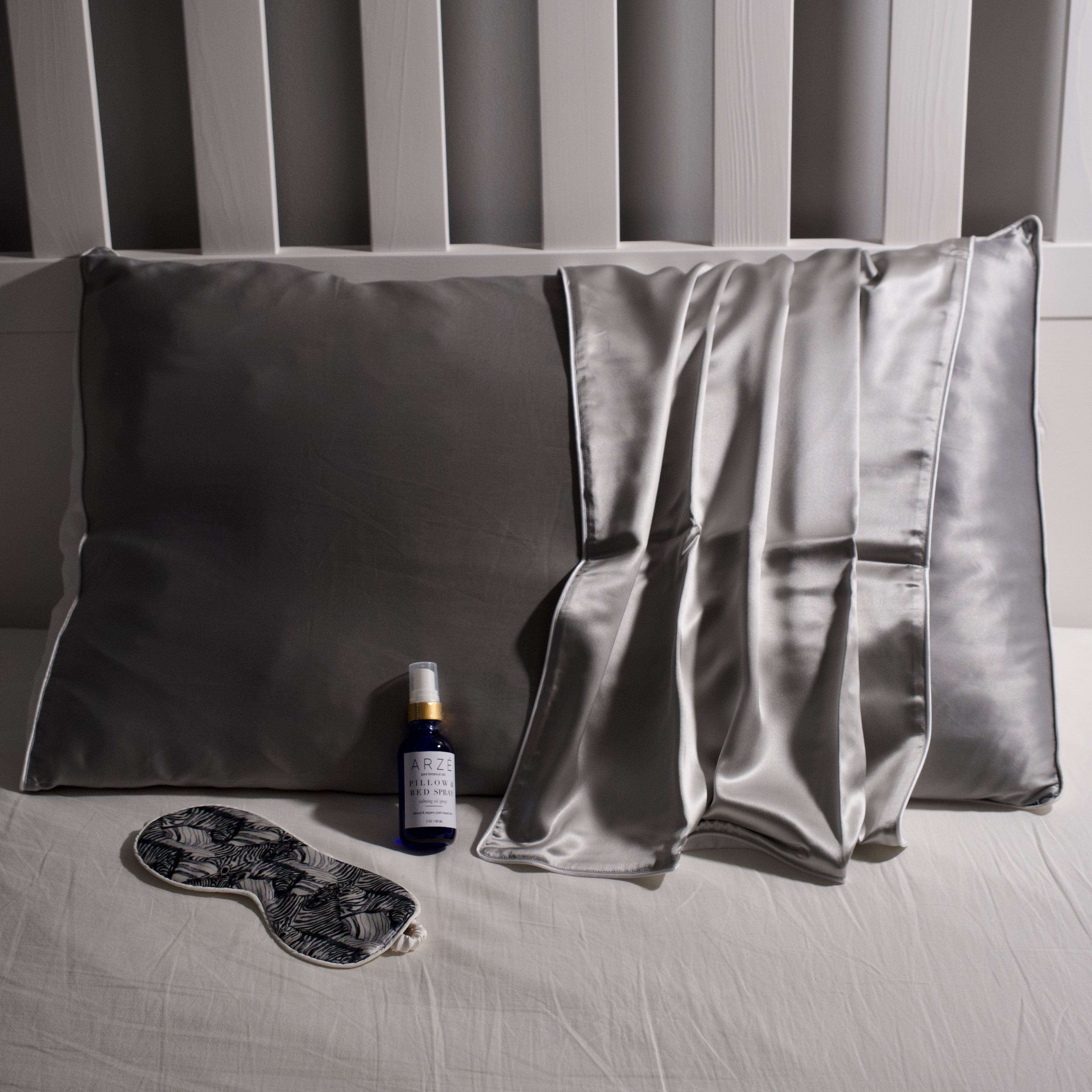 Grey Mulberry Silk Pillowcase with pillow spray and zebra eye mask