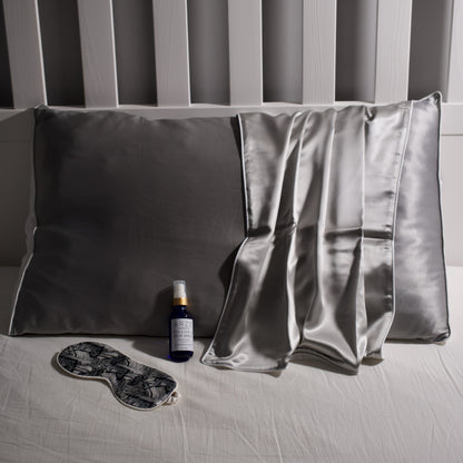 Grey Mulberry Silk Pillowcase with pillow spray and zebra eye mask