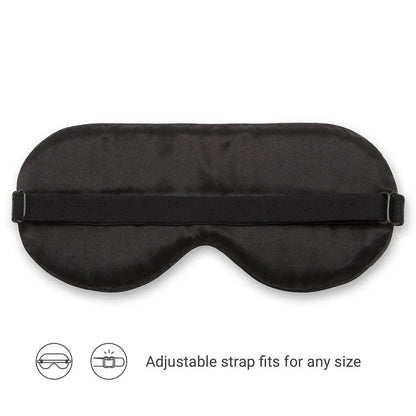 Reverse of a black silk sleep eye mask with an adjustable strap
