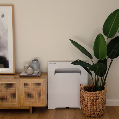 Mojostand standing desk converter packed away behind a plant