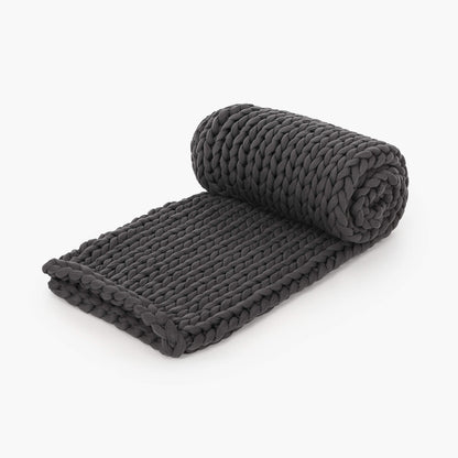 Dark grey knitted weighted blanket unrolled